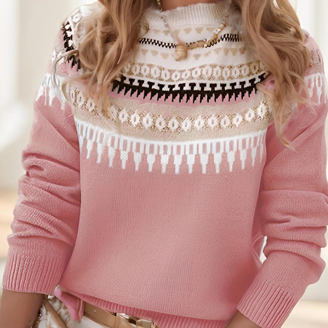 Women Sweater Seasonal High Neck Pullover with Decorative Pattern - Relaxed Fit
