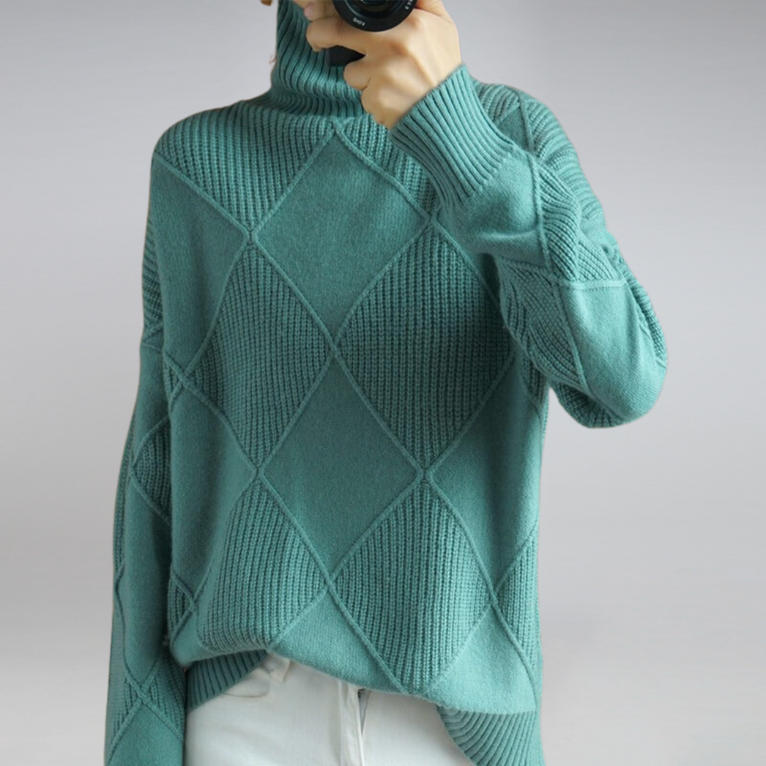 Women Sweater Seasonal High Neck Pullover with Diamond Pattern and Relaxed Fit