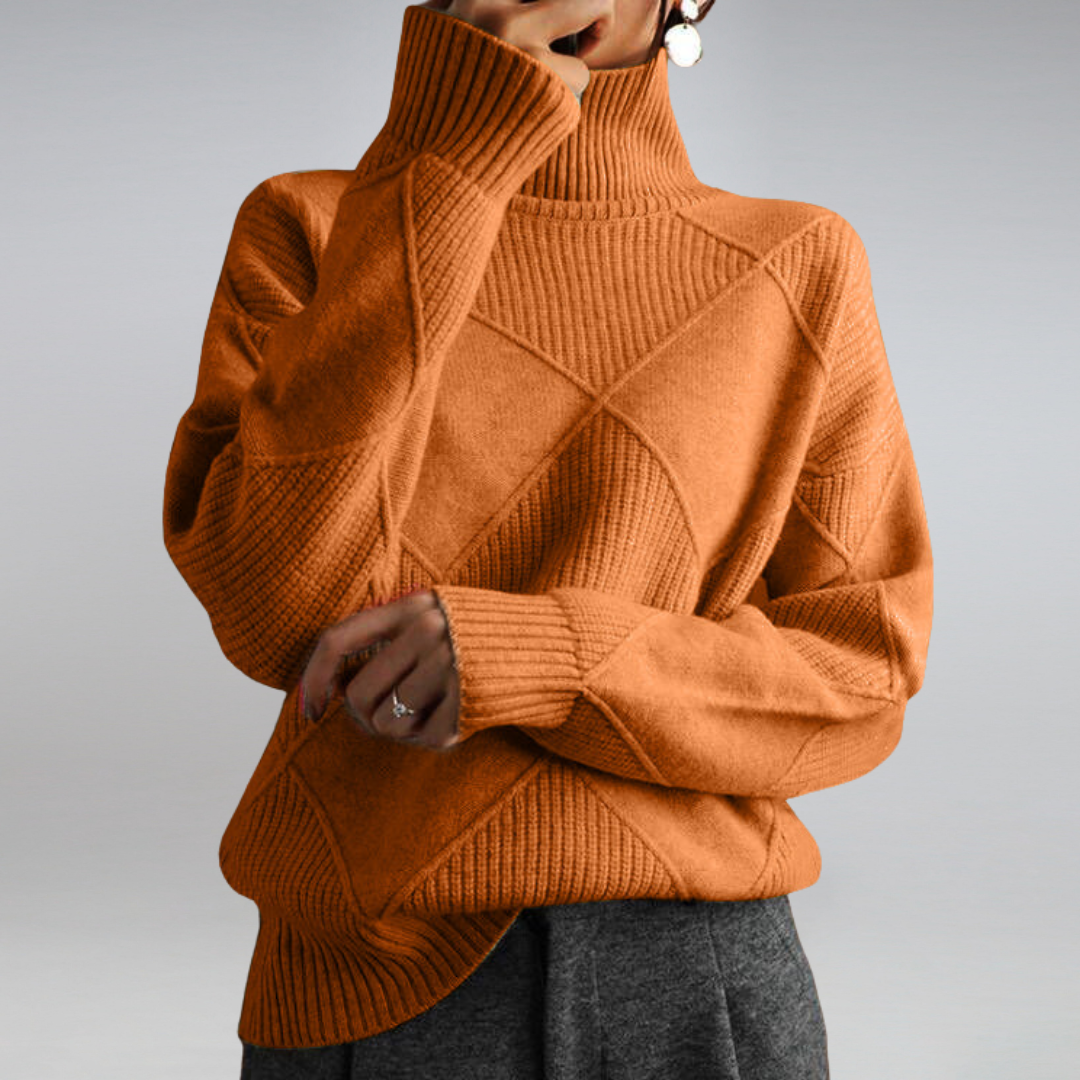 Women Sweater Seasonal High Neck Pullover with Diamond Pattern and Relaxed Fit