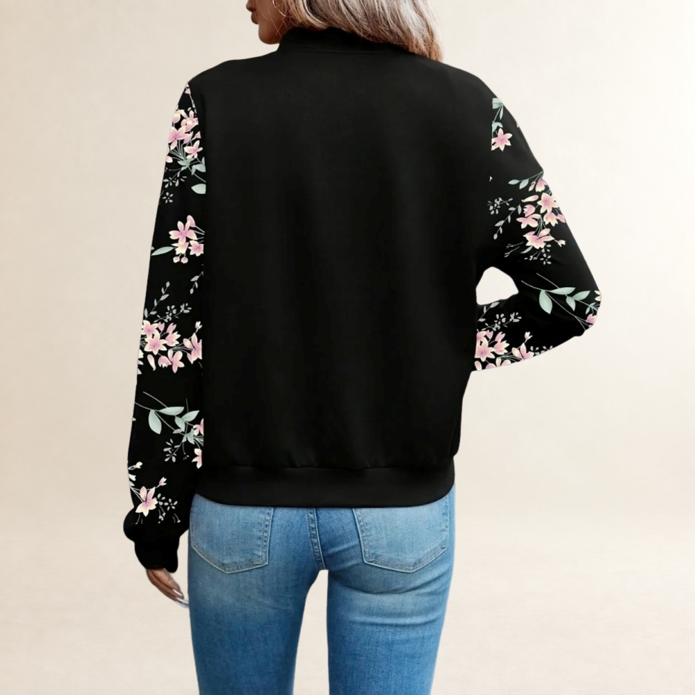 Women Transitional Jacket Zip-Up with Floral and Leopard Print Sleeves - Relaxed Fit