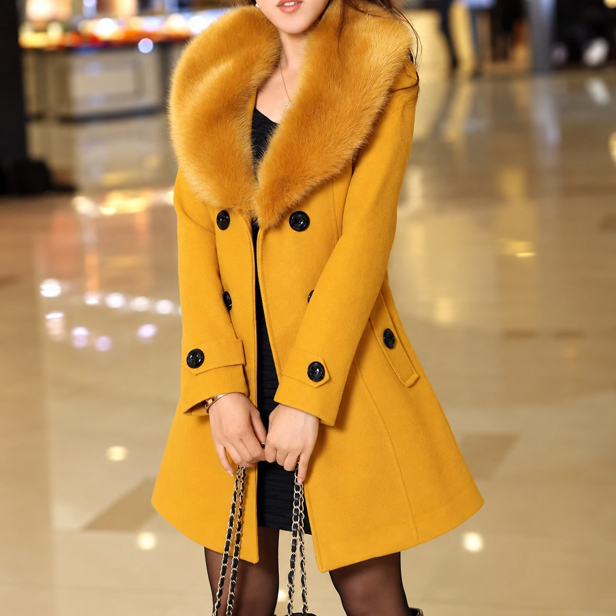 Womens Coat with Contrast Collar - Double-Breasted Belted Design