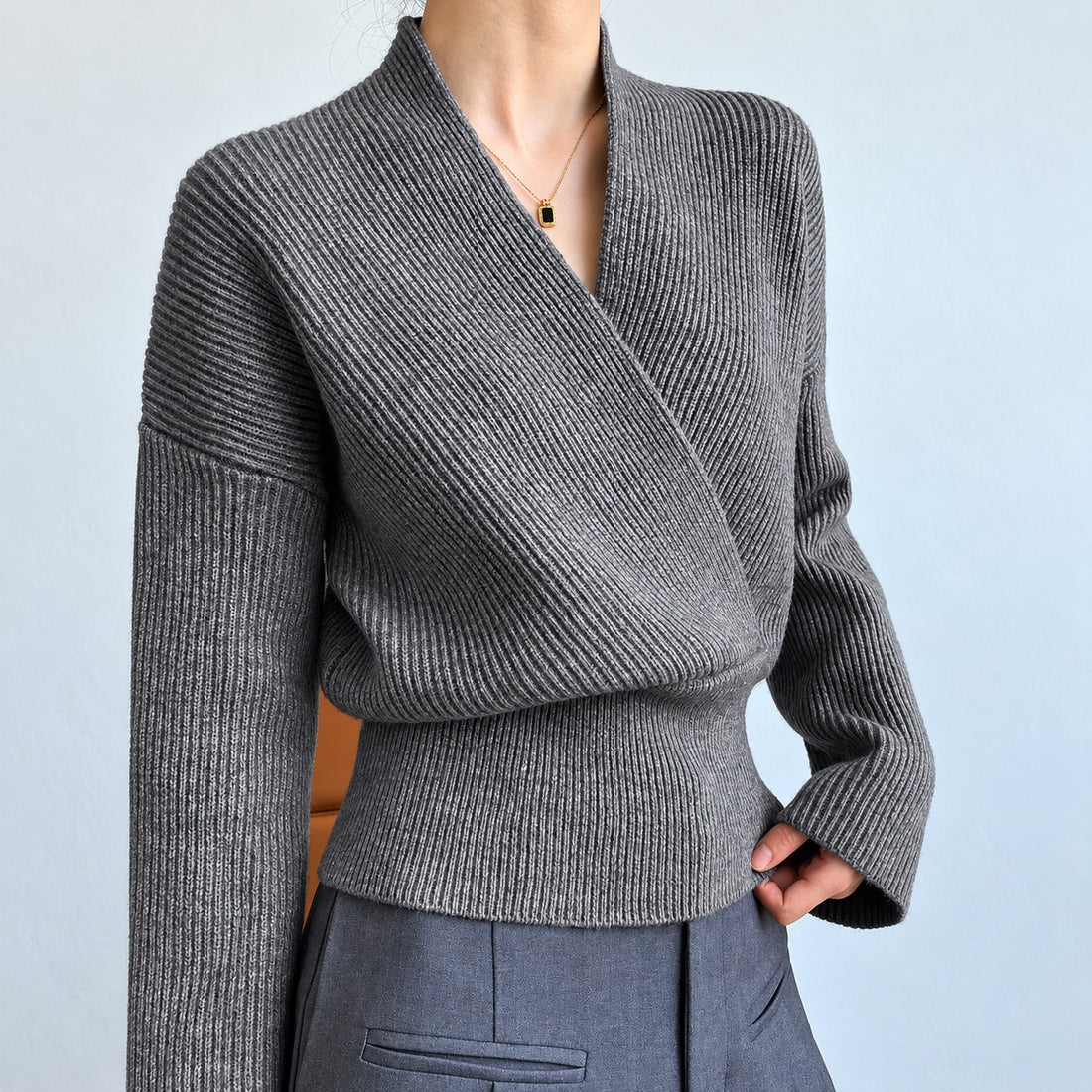 Wrap Sweater for Women - Long Sleeve, Regular Fit, V-Neck, Bell Sleeve