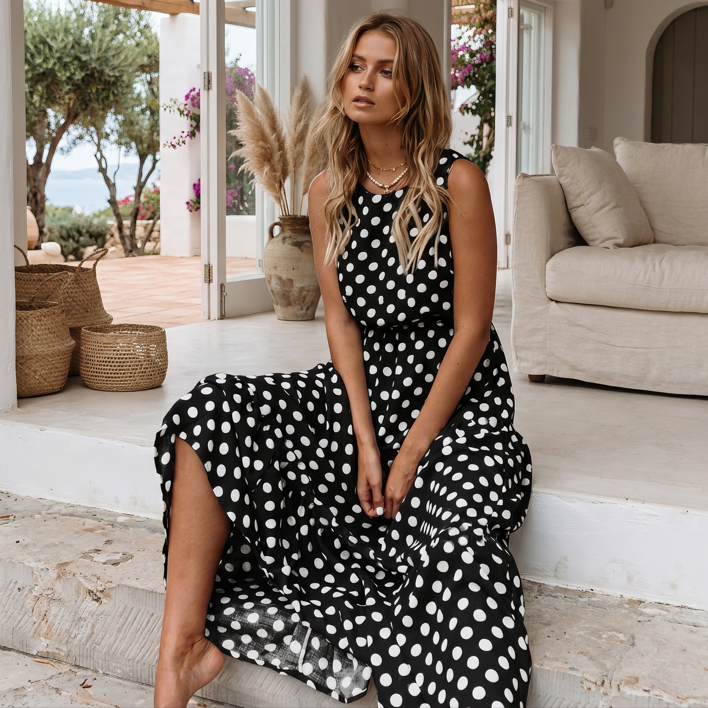 Edith - Relaxed Sleeveless Polka Dot Dress